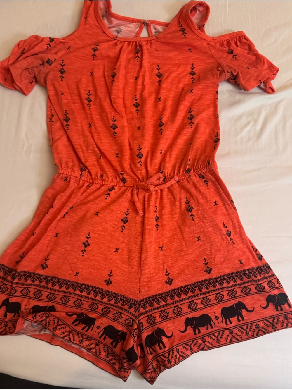Mudd Orange Cold-Shoulder Romper with Black Elephant Border
